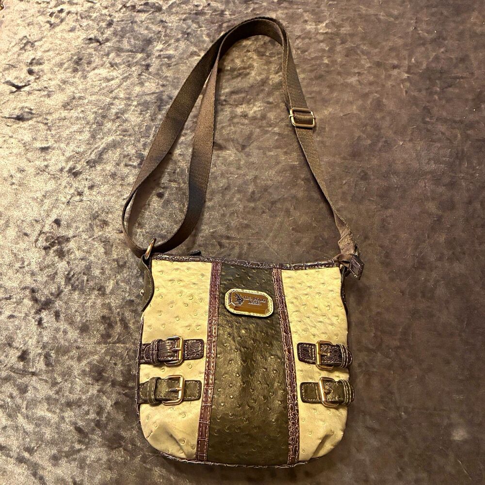 U.S. Polo Assn. Gray and Beige embossed Faux Ostrich Leather Zip Crossbody Bag